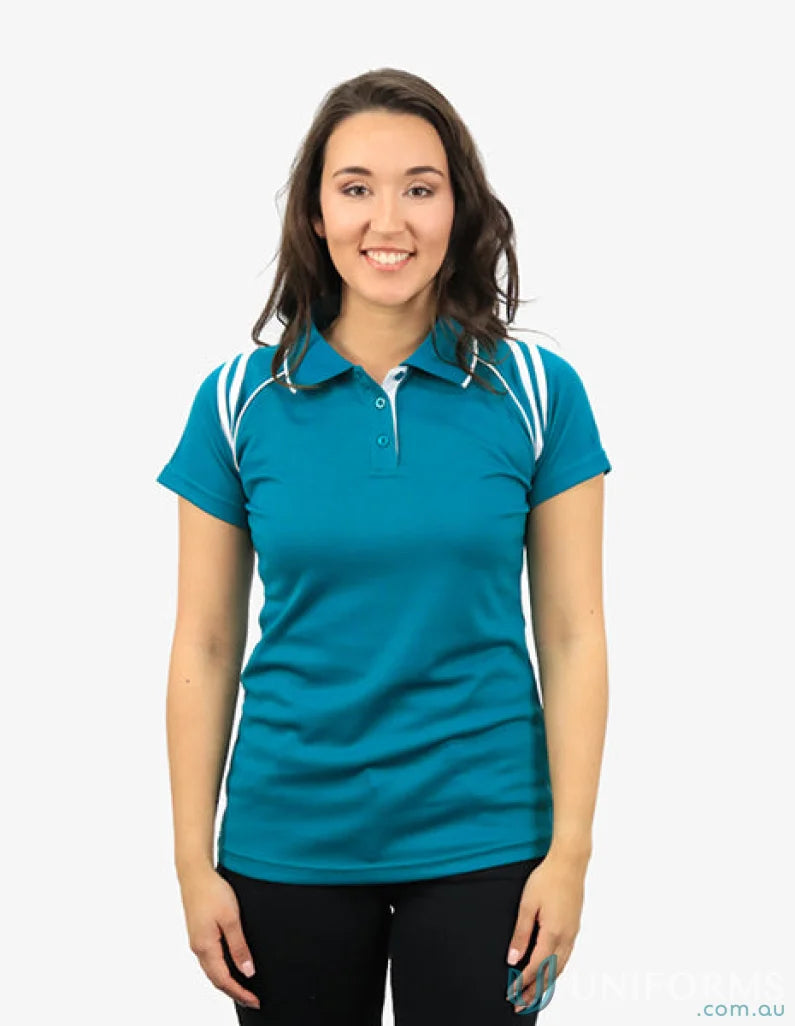 Ladies Cobra SS Polo in teal with white accents, featuring CoolDry moisture management technology for all-day cooldry moisture comfort
