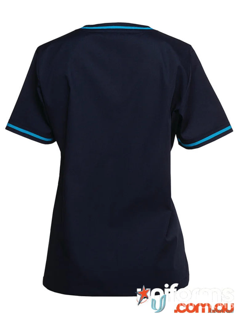 Navy blue ladies contrast scrubs top with turquoise trim for JBs Ladies Contrast Scrubs Top