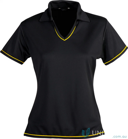 Ladies Cool Dry Polo shirt with black color and yellow trim, perfect for uniforms or workwear