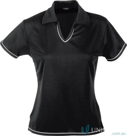 Black short-sleeved women’s polo shirt with white trim from Ladies Cool Dry workwear collection