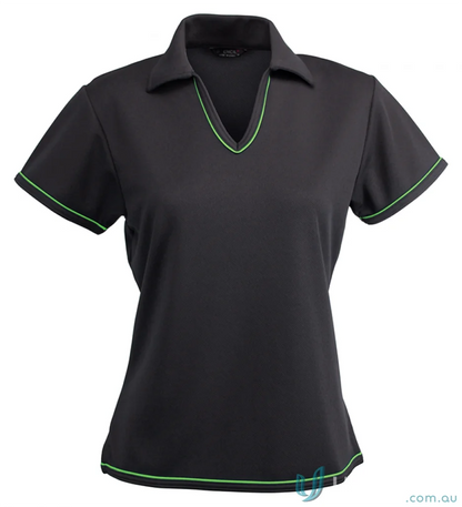 Black Ladies Cool Dry Polo shirt with lime green trim, perfect for workwear or uniforms