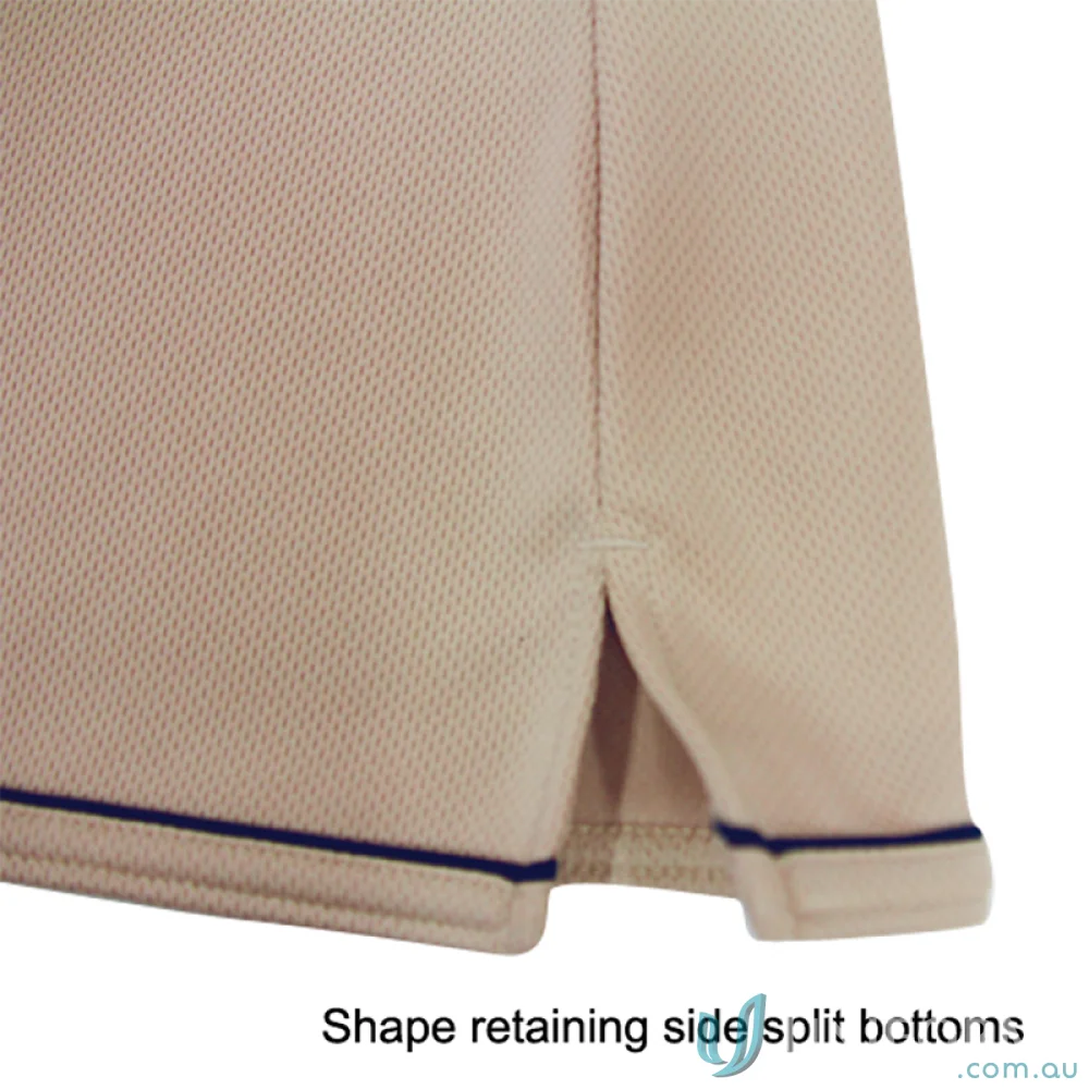 Ladies Cool Dry Polo in cream with side split hem and blue trim, perfect workwear