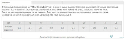 Ladies Cool Dry Polo size guide with half chest measurements for workwear uniforms