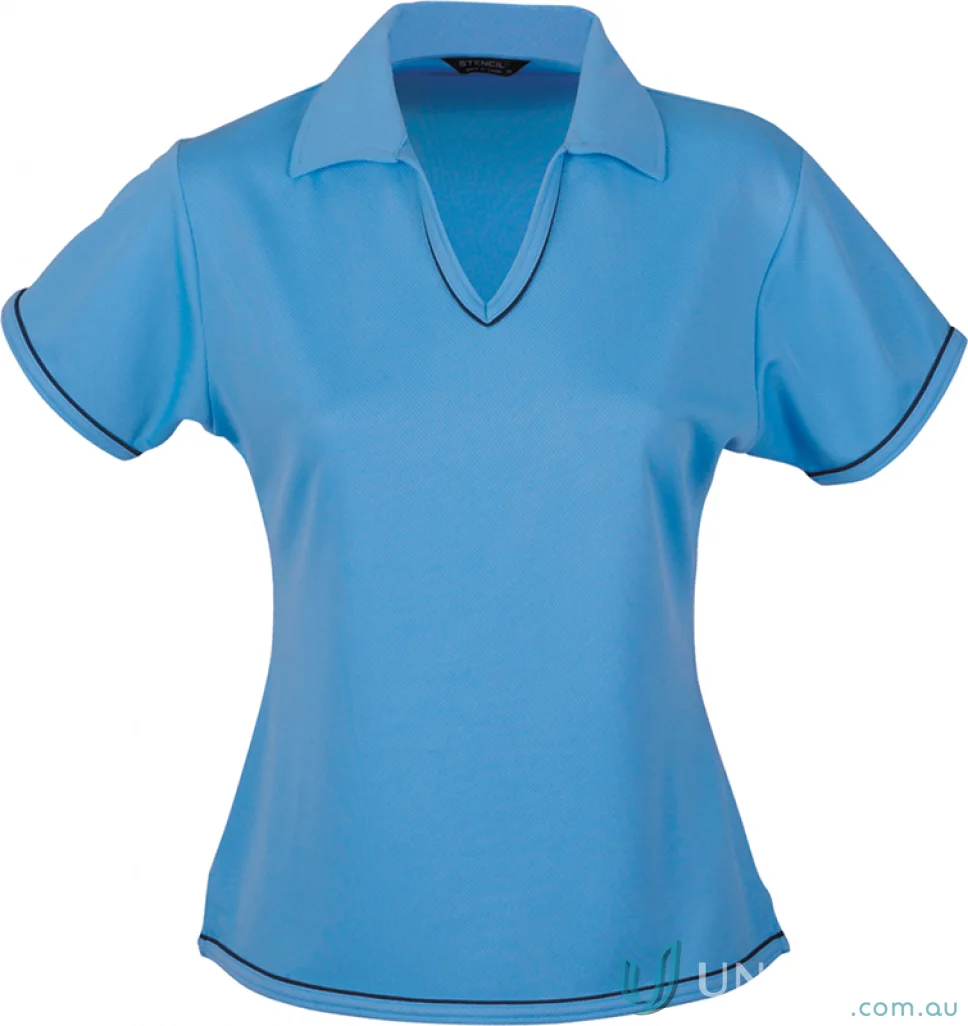 Light blue Ladies Cool Dry Polo shirt with V-neck and black trim, perfect for workwear