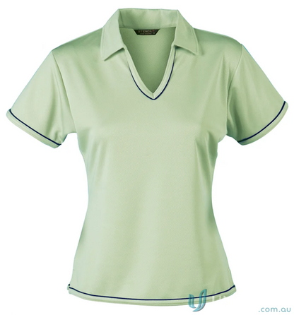 Light green Ladies Cool Dry Polo shirt with navy piping, perfect for workwear or uniforms