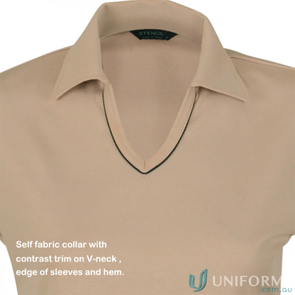Ladies Cool Dry Polo shirt with V-neck, beige workwear uniform, perfect for hot days