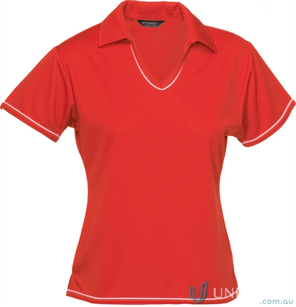 Ladies Cool Dry Polo shirt in bright red with white trim, perfect for workwear or uniforms