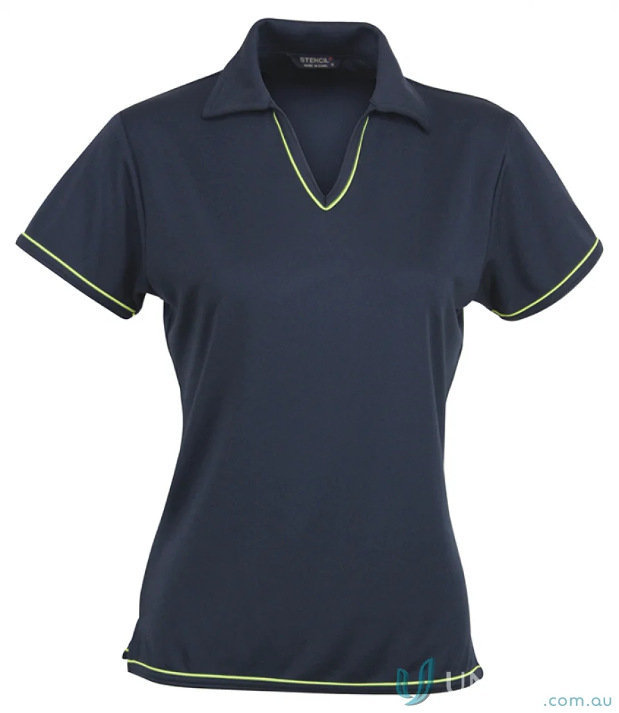 Ladies Cool Dry Polo shirt in navy blue with lime green trim, perfect for workwear or uniforms