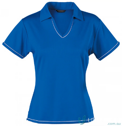 Ladies Cool Dry Polo shirt in royal blue with white piping, perfect for workwear and uniforms