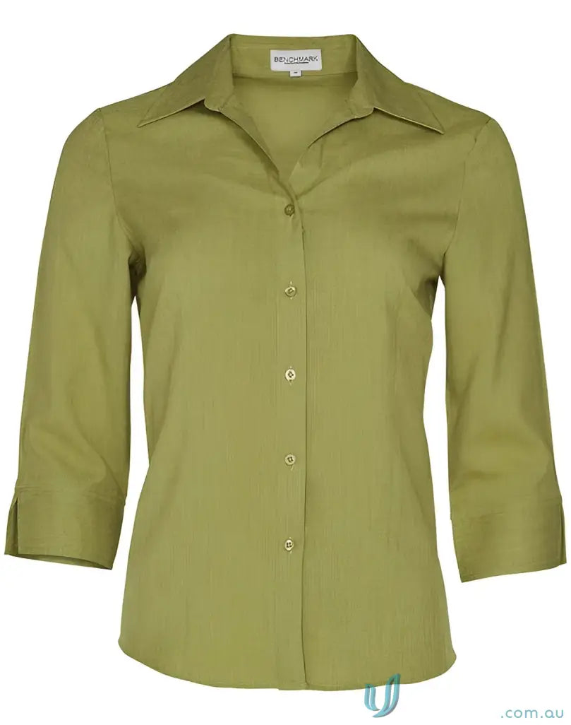 Green button-down blouse from Winning Spirit Ladies CoolDry 3Qtr Shirt collection