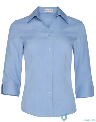 Light blue Winning Spirit Ladies CoolDry 3Qtr Shirt with button-down design