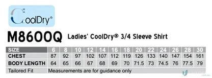 Ladies CoolDry 3Qtr Shirt size chart for Winning Spirit ladies cooldry 3qtr shirts