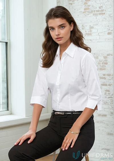 Woman in white biz collection ladies work shirt cotton poplin for uniform shirt base