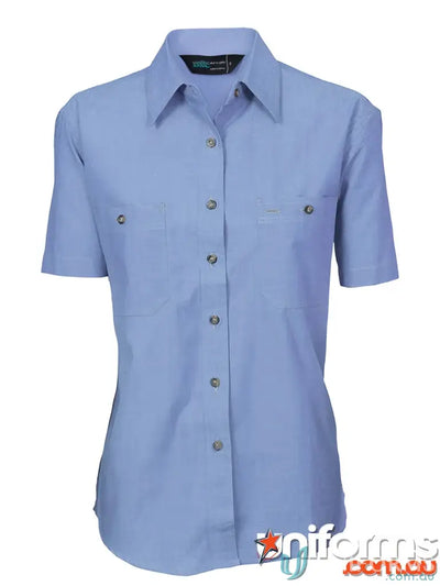 Light blue ladies cotton chambray short-sleeved button-down shirt for a casual look