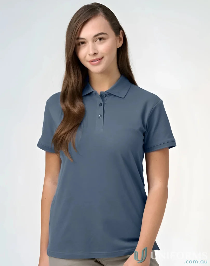 Woman wearing a blue-gray Ladies Cotton Stretch Pique Polo from PS56 Darling Harbour