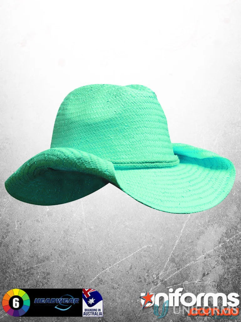 Mint green straw sun hat from Ladies Cowboy Straw with imprint, stock info, and centimeters
