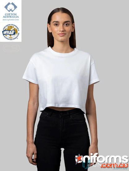 White short-sleeved Ladies Crop Tee top, perfect for casual uniforms or measuring length