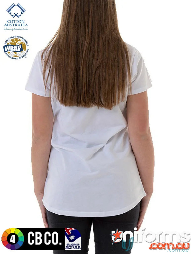 Ladies Curve Tee white short-sleeved t-shirt with rounded hem, perfect fit and measure