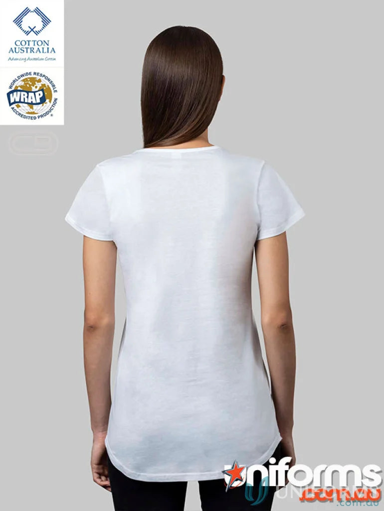 Back view of Ladies Curve Tee short-sleeved white t-shirt with rounded hem, perfect fit
