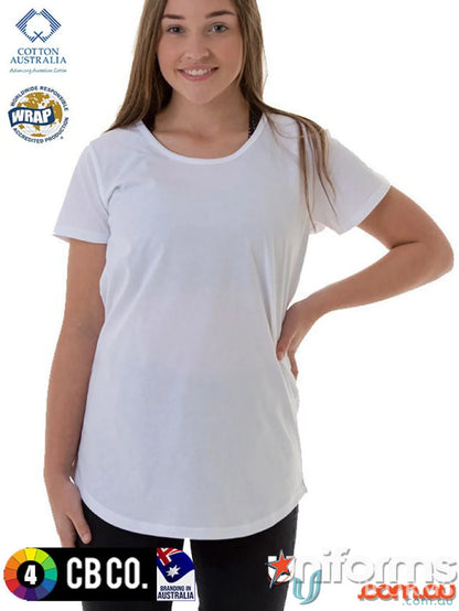 Young woman wearing Ladies Curve Tee in plain white, perfect fit for your size and length needs