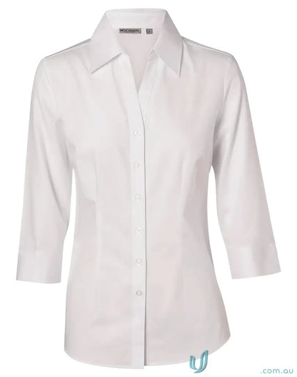 Women’s white ladies CVC Oxford 3qtr shirt with button-up design and pointed collar