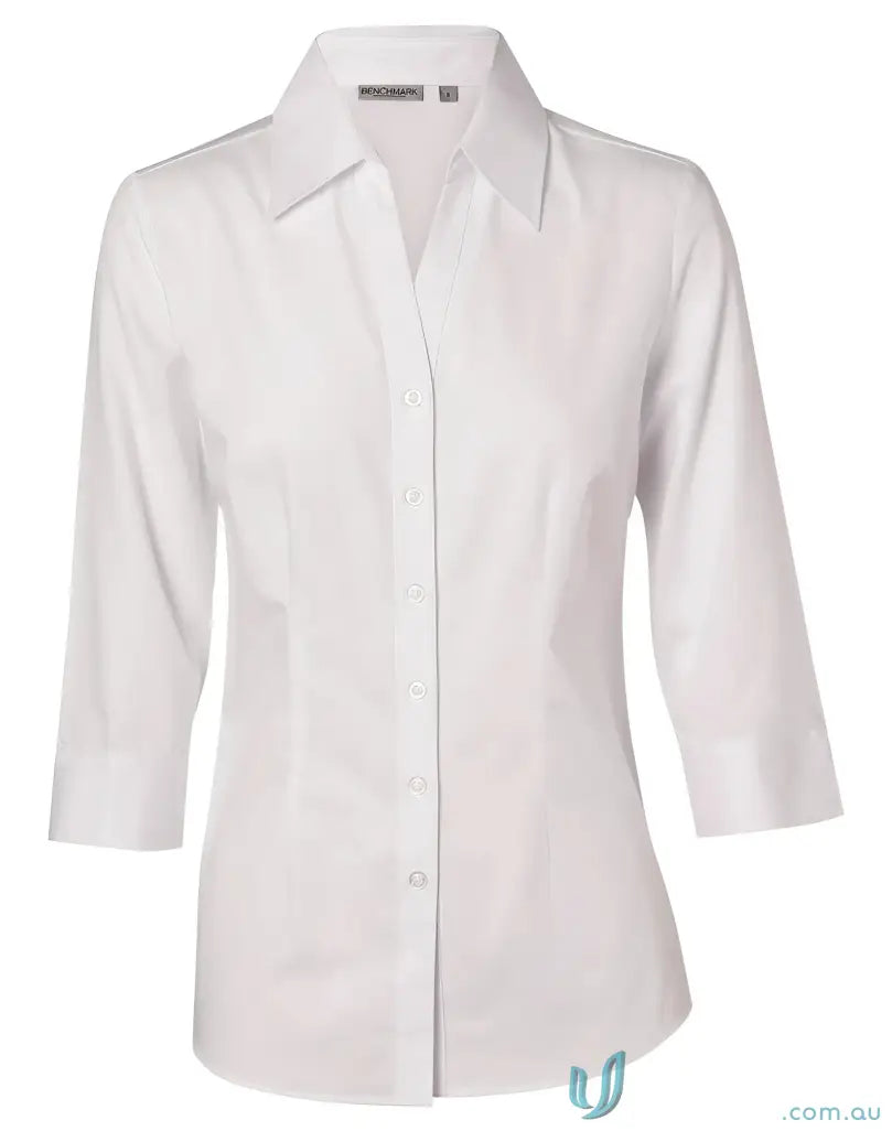 Women’s white ladies CVC Oxford 3qtr shirt with button-up design and pointed collar
