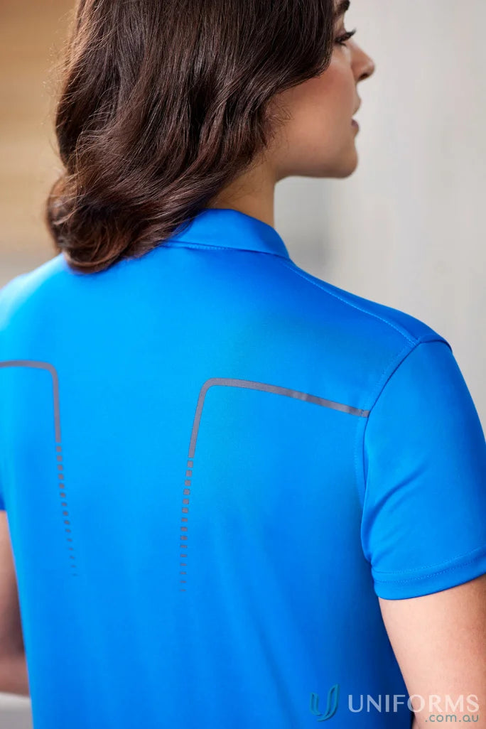 Blue lady cyber polo with reflective accents, antibacterial treatment helps, biz collection ladies
