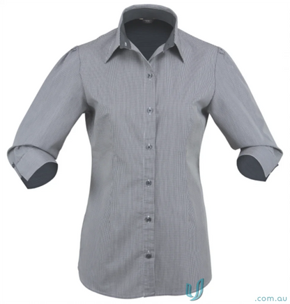 Gray striped button-down shirt from Ladies Dominion workwear collection