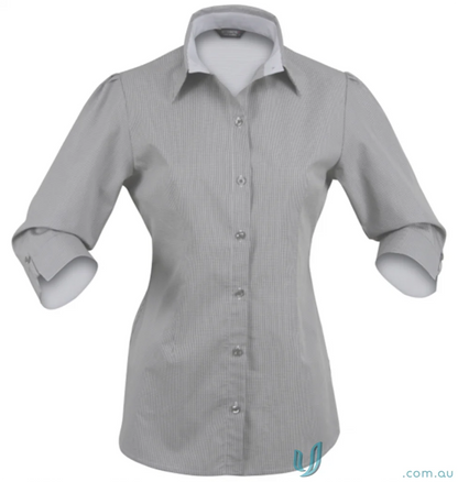 Gray striped shirt from Ladies Dominion 3qtr Sleeve Shirt, perfect for workwear or uniforms