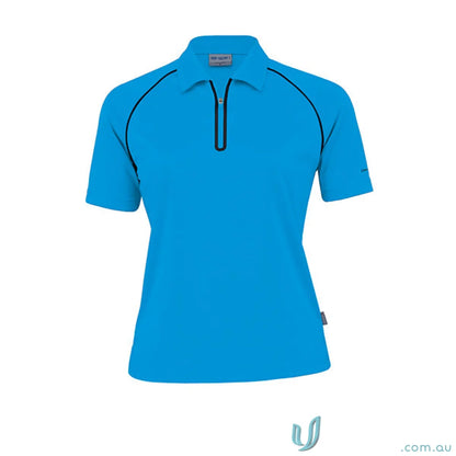 Blue Dri Gear Dimension Polo shirt with black trim for ladies showcasing style and comfort