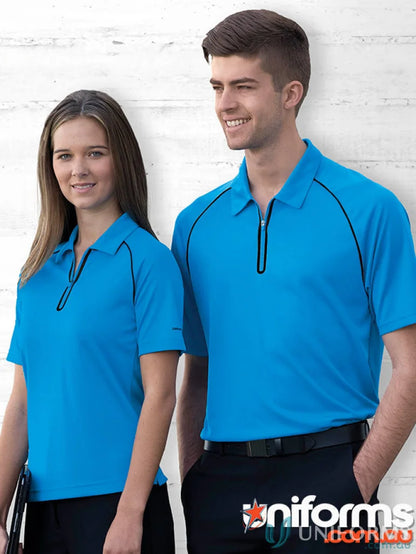 Matching blue Dri Gear Dimension Polo shirts with black trim, perfect for sporty style