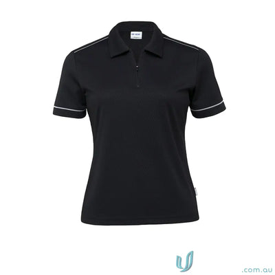 Black women’s DriGear Matrix Polo with white piping, perfect for uniforms and workwear