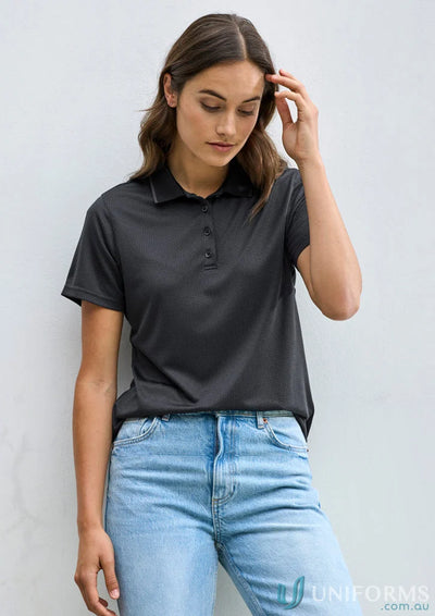 Lady in Ladies Echo Polo made from certified recycled polyester and biz cool™ fabric
