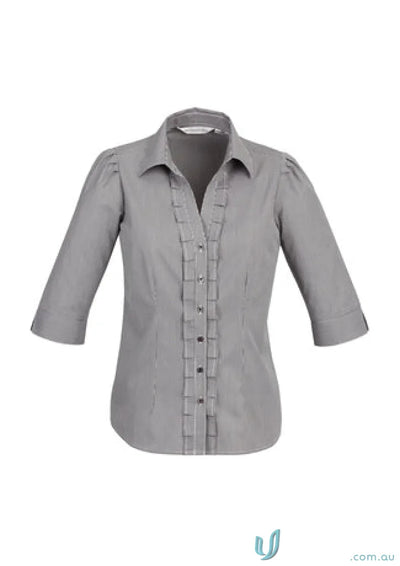 Ladies Edge 3QTR grey shirt from s267lt biz collection with ruffled placket details