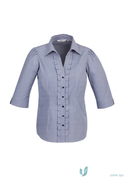 Light blue Ladies Edge 3Qtr S267LT shirt with ruffled placket and three-quarter sleeves