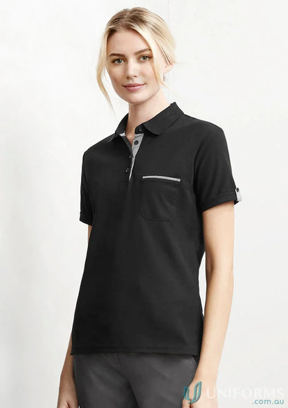 Ladies Edge Short black polo shirt with pocket, perfect for casual style