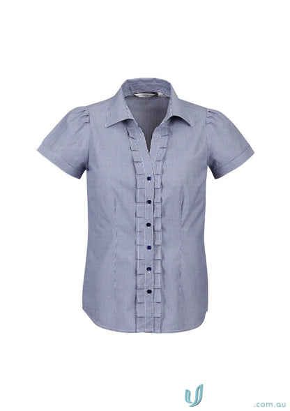 Blue and white check pattern Ladies Edge SS Shirt with ruffles, style s267ls