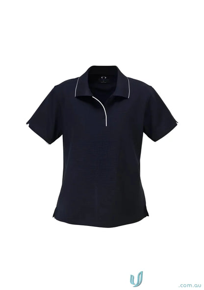Ladies Elite Polo in navy blue with white piping, textured mini self-check detail