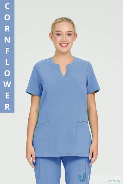 Cornflower blue Ladies Ellen scrub top ideal for suit hospital nurses and aged care staff