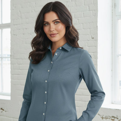 Ladies Elwood LS shirt in blue pre-shrunk oxford weave
