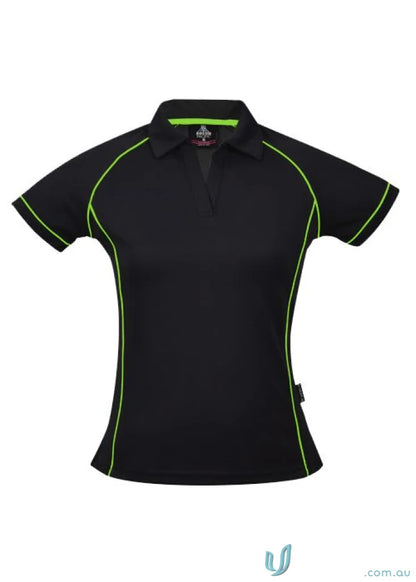 Black polo shirt with neon green trim from Ladies Endeavour Polo, perfect for work uniforms