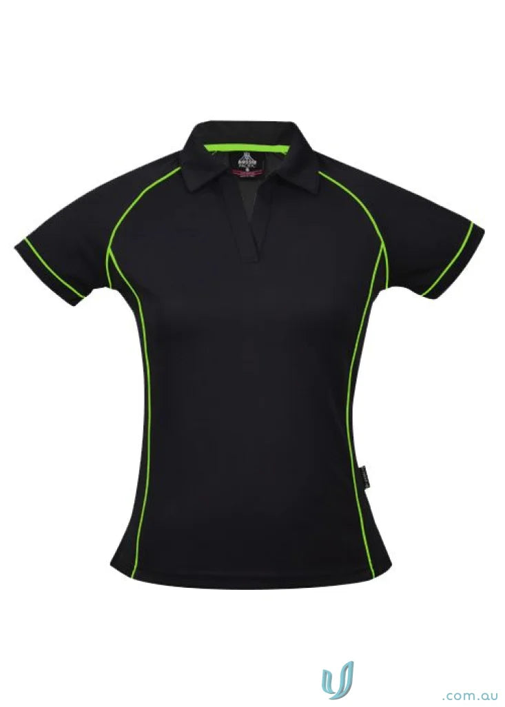 Black polo shirt with neon green trim from Ladies Endeavour Polo, perfect for work uniforms