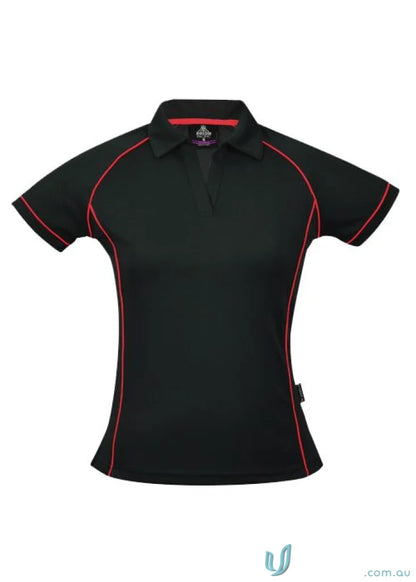 Ladies Endeavour Polo Black polo shirt with red trim for workwear and uniforms