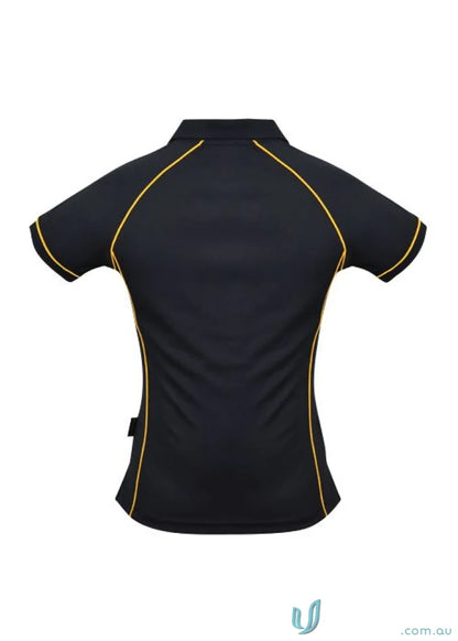 Black short-sleeved Ladies Endeavour Polo shirt with gold trim for work uniforms or workwear