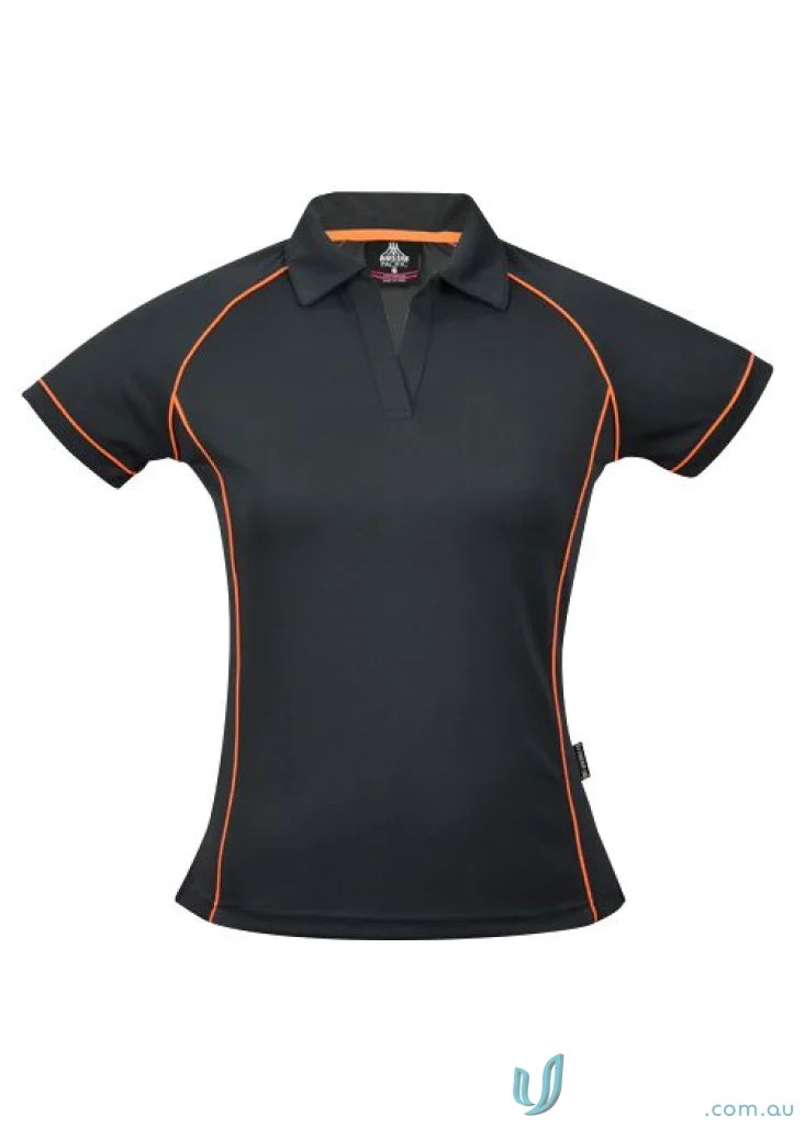 Black women’s polo shirt with orange trim from Ladies Endeavour Polo, perfect workwear
