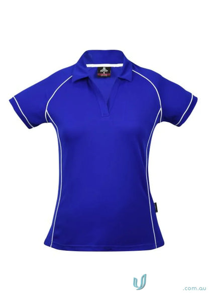 Blue ladies Endeavour Polo shirt with white trim, perfect for work uniforms or workwear