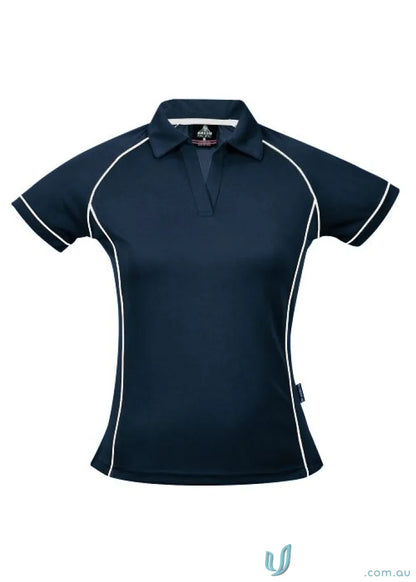 Navy blue Ladies Endeavour Polo shirt with white trim, perfect for work uniforms