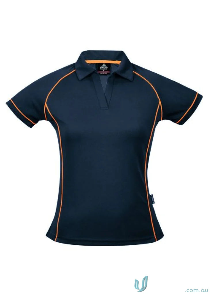 Navy blue Ladies Endeavour Polo shirt with orange trim, perfect for work uniforms