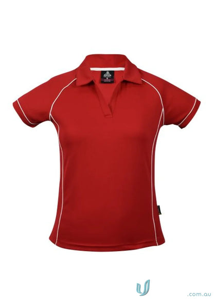 Red womens polo shirt with white trim for work uniforms or workwear by Ladies Endeavour Polo