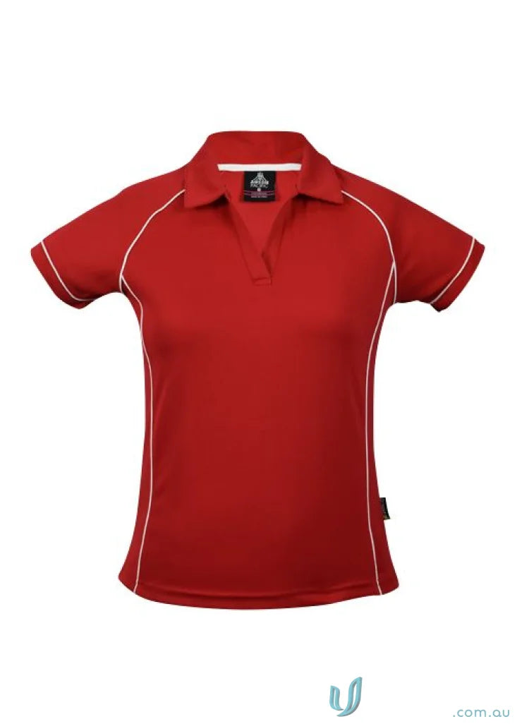 Red womens polo shirt with white trim for work uniforms or workwear by Ladies Endeavour Polo